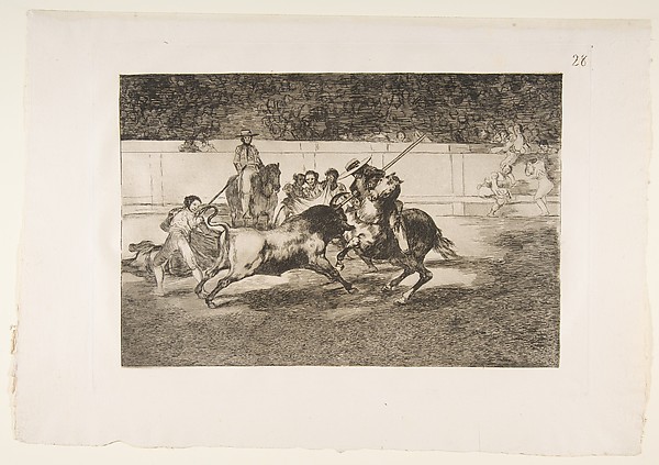 Plate 28 of "La Tauromaquia": The forceful Rendon stabs a bull with the pique, from which pass he died in the ring at Madrid