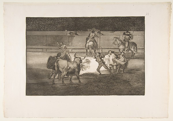 Plate 31 of  "La Tauromaquia": Banderillas with firecrackers