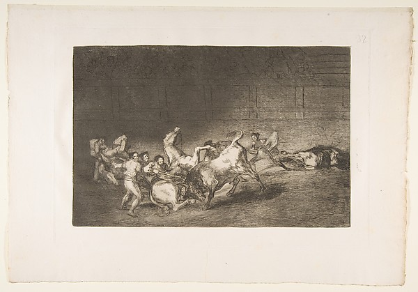 Plate 32 from "La Tauromaquia": Two teams of picadors thrown one after the other by a single bull
