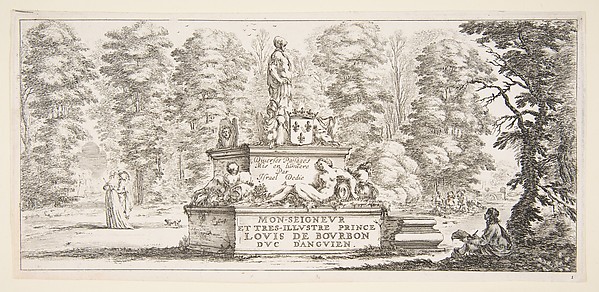 Plate 1: a monument with statues and a coat of arms in the center, a draughstman on the ground beneath a tree to right, two groups of lovers to left in the background, from 'Various landscapes' (Divers paysages)