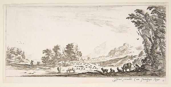 Plate 11: shepherdess seated to the right under a tree, watching her flock to the left, mountains to right in the background, from 'Various landscapes' (Divers paysages)