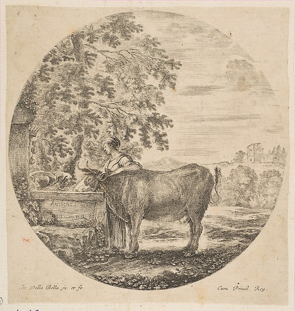 A peasant woman with a cow at a fountain decorated with the Medici arms, from "Six animal subjects" (Six sujets d'animaux)