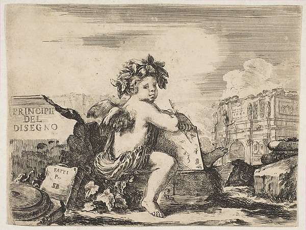 Plate 1: the genius of drawing, a child with wings, seated on a rock in center turned towards the right, holding a drawing pad and pen, ruins including a triumphal arch to right in the background, the title page from "The Principles of Design" (I principii del disegno)