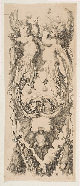 Two Winged Children with Bodies Turning into Ornament Blowing Bubbles