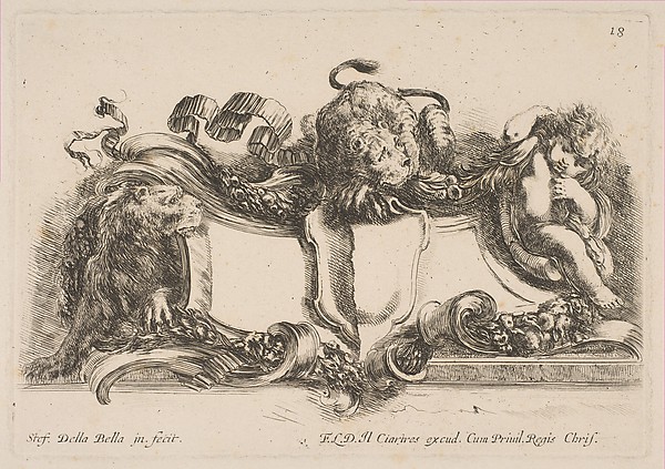 Cartouche Containing an Empty Shield Surmounted by a Lion and Framed by a Lion and a Child