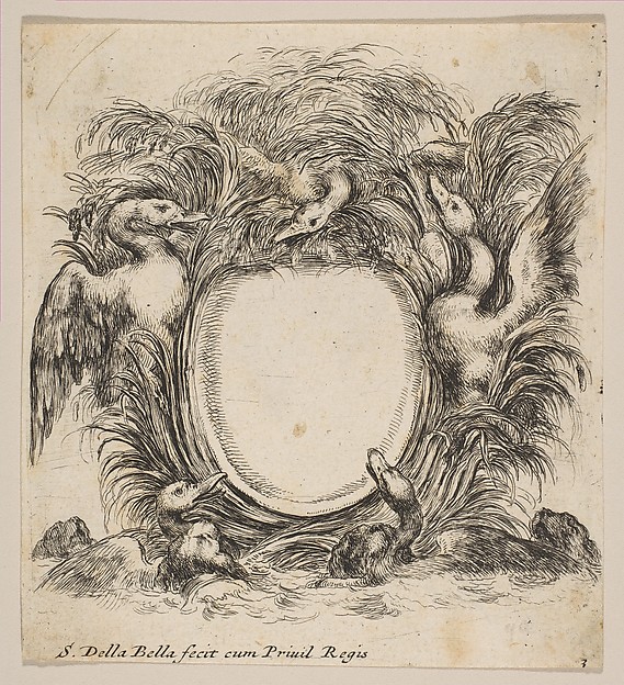 Cartouche Framed by Ducks and Weeds
