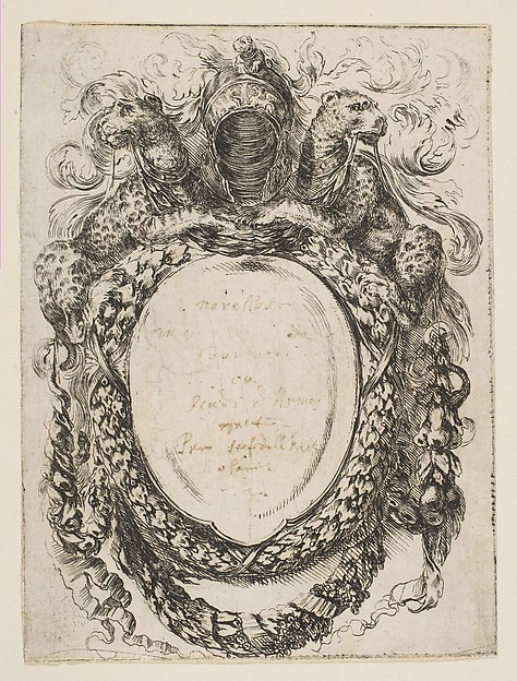 Cartouche Crowned by Helmet and Leopards