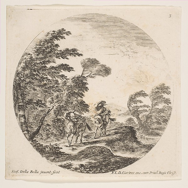 A gale in the forest, two horsemen wrapped in their cloaks, with the wind blowing from the left side, plate 3 from "Roman landscapes and ruins" (Paysages et ruines de Rome)