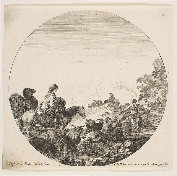 A woman carrying a child on a horse at left, a camel following her, a herd of goats, sheep, and a shepherd in front of her at right, plate 5 from "Roman landscapes and ruins" (Paysages et ruines de Rome)
