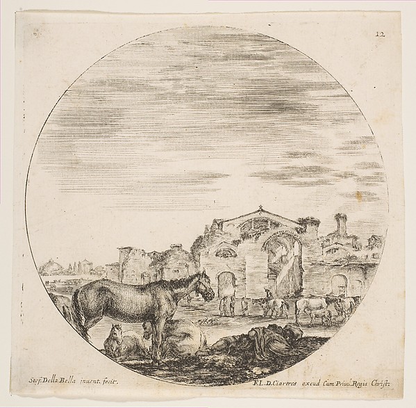A shepherd sleeping on the ground at right, three horses at left, other horses and various figures to right, the Baths of Diocletian in the background, plate 12 from "Roman landscapes and ruins" (Paysages et ruines de Rome)