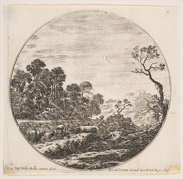 Cows crossing a valley at left, a horseman and other cows in the background, plate 6 from "Roman landscapes and ruins" (Paysages et ruines de Rome)
