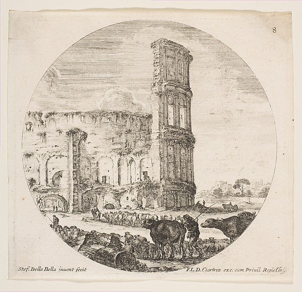 The Colosseum, two herds being directed towards the amphitheater in the foreground, plate 8 from "Roman landscapes and ruins" (Paysages et ruines de Rome)