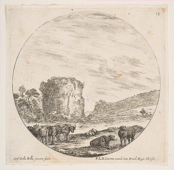 Ruins of a temple in a Roman landscape, plate 13 from "Roman landscapes and ruins" (Paysages et ruines de Rome)