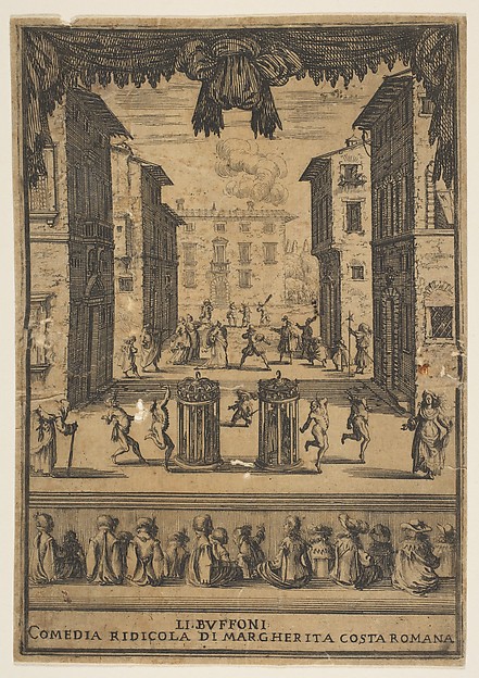 Frontispiece for the comedy 'The Buffoons' (Li Buffoni), a set on stage resembling a public space, various figures dancing around two people in cages in center stage, fifteen spectators below