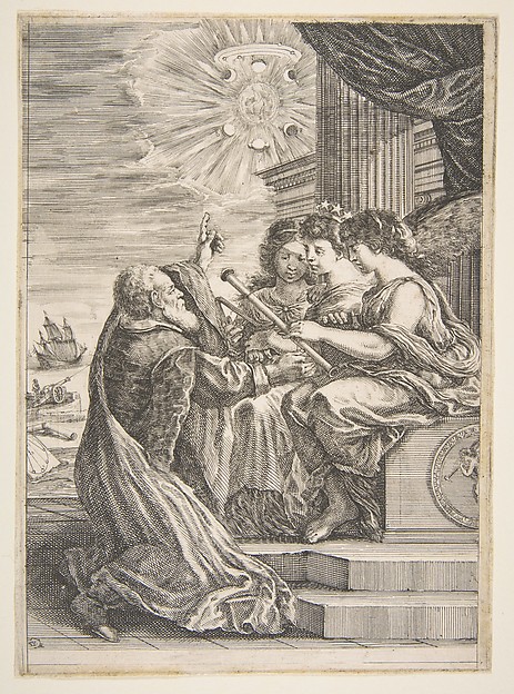 Galileo and personifications of Astronomy, Perspective and Mathematics, frontispiece for 'Opere di Galileo Galilei'
