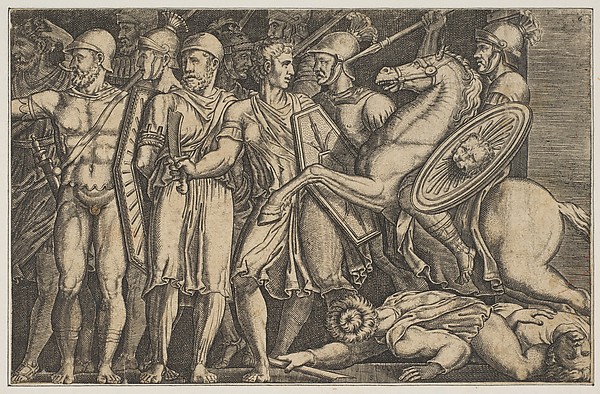 Trajan Fighting the Dacians; Trajan on horseback at right riding towards a group of soldiers at left and trampling two men
