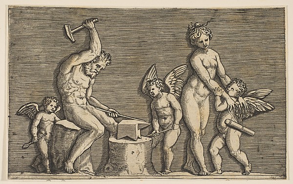 Vulcan seated hammering on an anvil flanked by Venus and three cupids