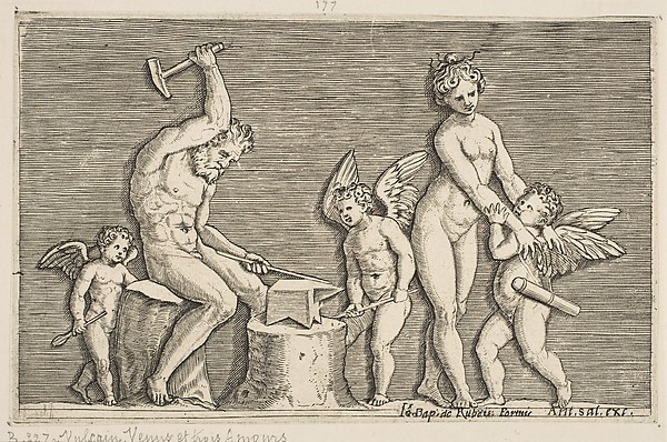 Vulcan seated hammering on an anvil flanked by Venus and three cupids