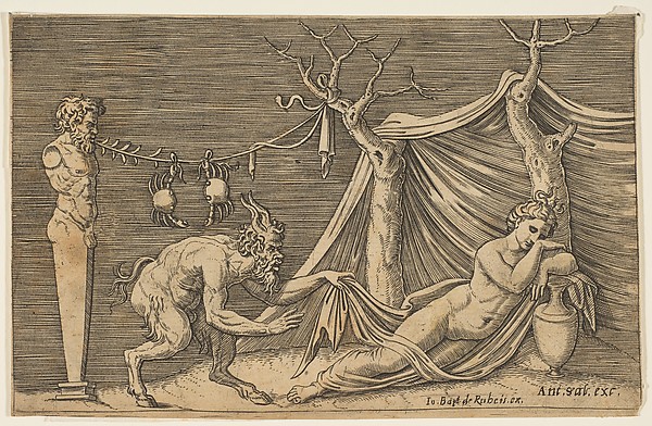 A satyr discovering a sleeping woman; two crabs hanging from a rope which is strung between a term and a tree