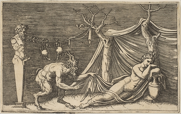 A satyr discovering a sleeping woman; two crabs hanging from a rope which is strung between a term and a tree