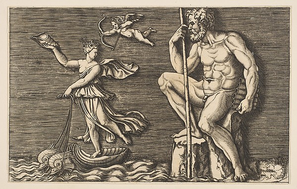 Galatea escaping Polyphemus; he is seated on a rock holding a staff and pipes and looking towards Galatea at right riding a shell pulled by two dolphins, Cupid flying above
