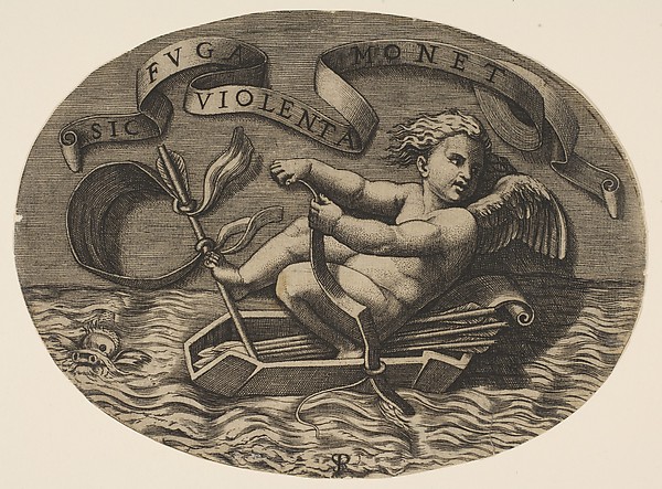 Eros escaping by sea using his bow to propel a boat made from his quiver with an arrow as the mast and his blindfold as the sail, a banderole above