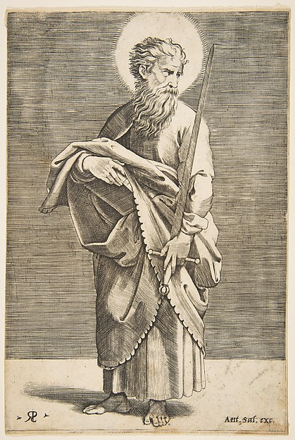 Saint Paul looking to the right and holding a sword and a book