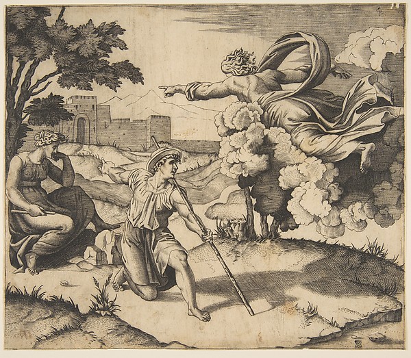 God appearing to Isaac; God floating in clouds pointing toward Rebecca seated under a tree at left, Isaac kneeling in the center holding a large stick and also pointing to Rebecca