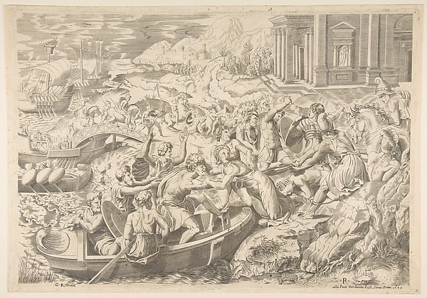 The Abduction of Helen; battle scene on shore with two men pulling Helen into a boat at center