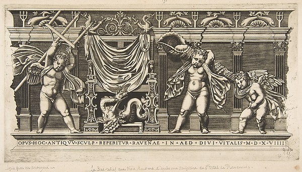 Three cupids in front of a facade with pilasters, one holding a trident and another a large shell