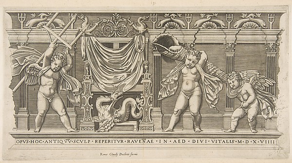 Three cupids in front of a facade with pilasters, one holding a trident and another a large shell