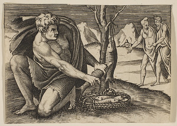 A man kneeling next to a basket of fish and taking one with both hands, two men at right in the background