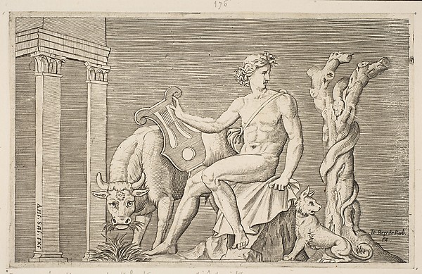 Apollo tending the flocks of Admetus, Apollo seated holding a lyre and flanked by a cow and a dog, a serpent winding around a dead tree at right
