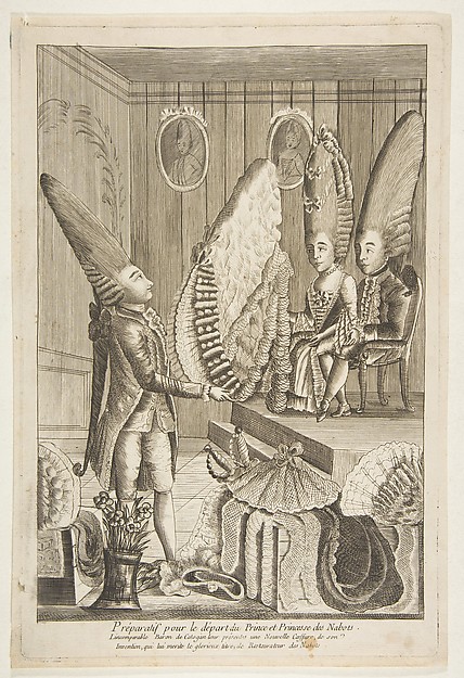 Préparatif pour le départ du Prince et Princesse des Nabots. L'incomparable Baron de Catagon leur présentes une Nouvelle Coeffure, do son Invention, qui lui merité le glorieux titre de Restaurateur des Nabots