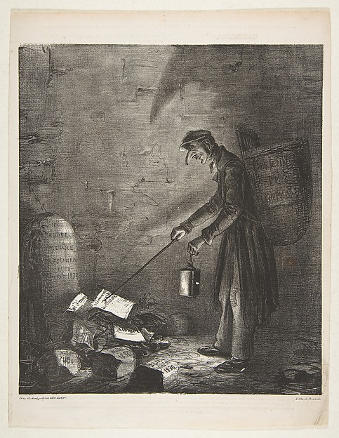 Masked Man using a Lantern to Collect Discarded Pamphlets by a Tombstone, from "Le Charivari"