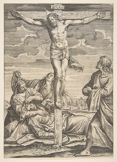 Christ on the cross, Saint John to the right looking toward him, to the left is the fainting Virgin Mary supported by two women by Agostino Carracci
