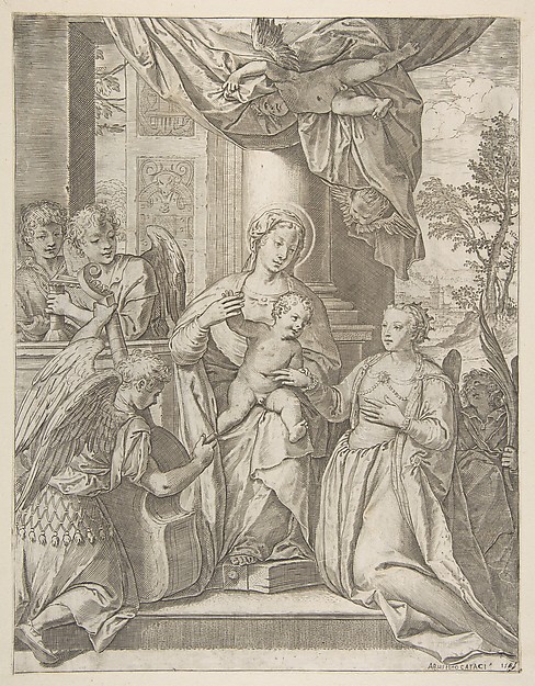 The mystic marriage of Saint Catherine who sits at center with the Christ child, angels with instruments at the left by Agostino Carracci