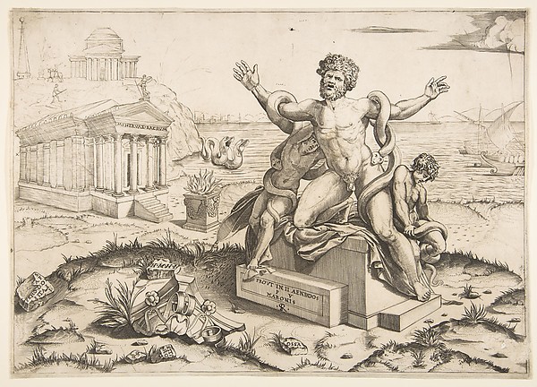 Laocoön and his two sons being attacked by serpents upon a pedestal, a temple to Minerva behind them, another temple and the sea in the background