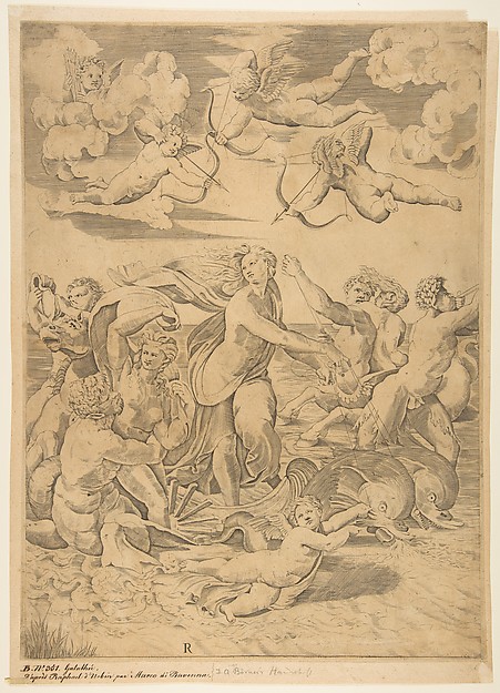Galatea riding in a shell pulled through the water by dolphins, a cupid below and four more above, at left a triton embracing a nymph and behind them a man on horseback blowing a conch, at right a figure blowing a horn and  behind him a nymph riding on a centaur