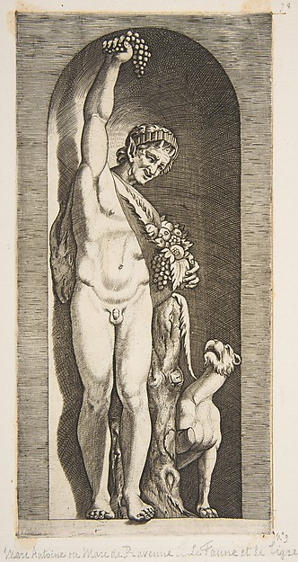A faun standing in a niche holding aloft a bunch of grapes with his right hand and fruit with his left  hand, a dog lower right