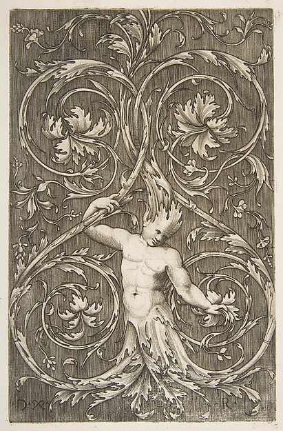 Grotesque with male figure with lower body and head of acanthus scrolls
