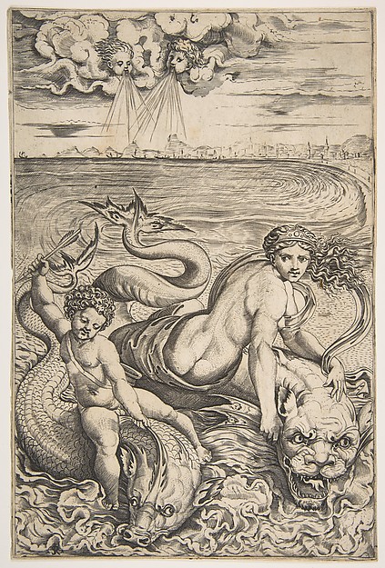 Venus and Cupid riding two sea creatures, Cupid raising an arrow with his right hand and two heads representing wind in the clouds above
