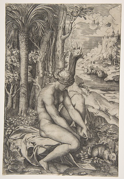 Venus removing a thorn from her left foot while seated beside trees and foliage, a hare eating grass before her