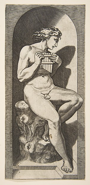 Olympus naked seated on a tree stump holding pipes, set within a niche