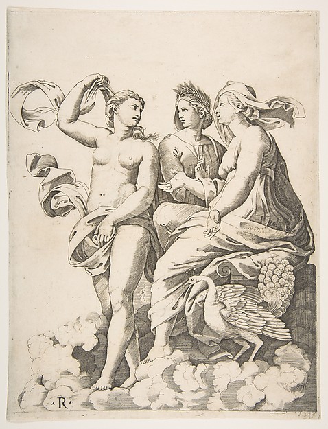 Juno, Ceres, and Psyche in the clouds conversing, Juno seated with a peacock at her feet, Ceres wearing a garland of wheat and Psyche partially naked and holding a cloth