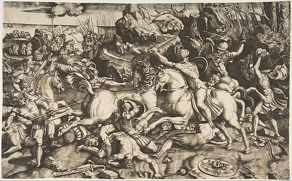 Battle scene in a landscape with soldiers on horseback and several fallen men, another group of riders in the background