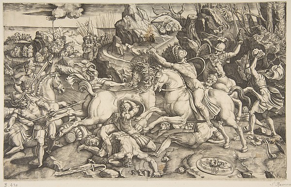Battle scene in a landscape with soldiers on horseback and several fallen men, another group of riders in the background