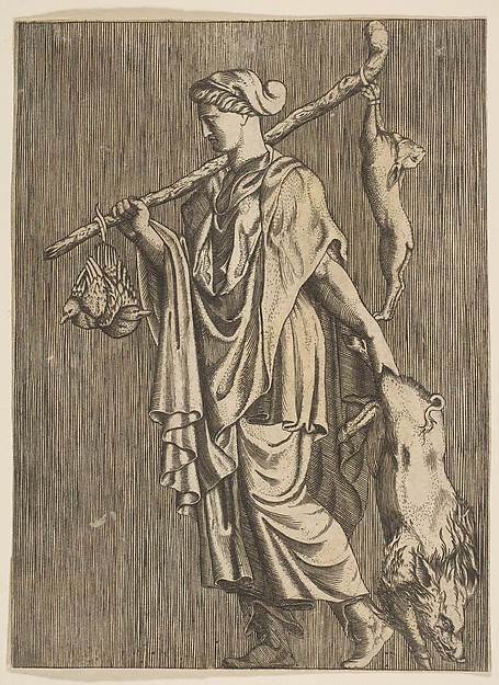 Woman returning from a hunt carrying a boar in her left hand and a stick on her right shoulder to which a hare and two ducks are tied