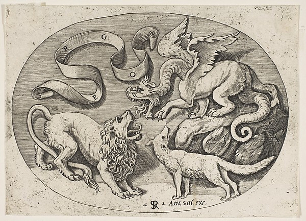 A lion, dragon and fox fighting each other, an inscribed banderole above, an oval composition