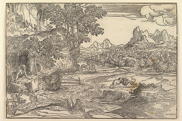 Landscape with Saint Jerome at left looking towards lion and bear  fighting at center; two figures with mule in the background by Domenico Campagnola